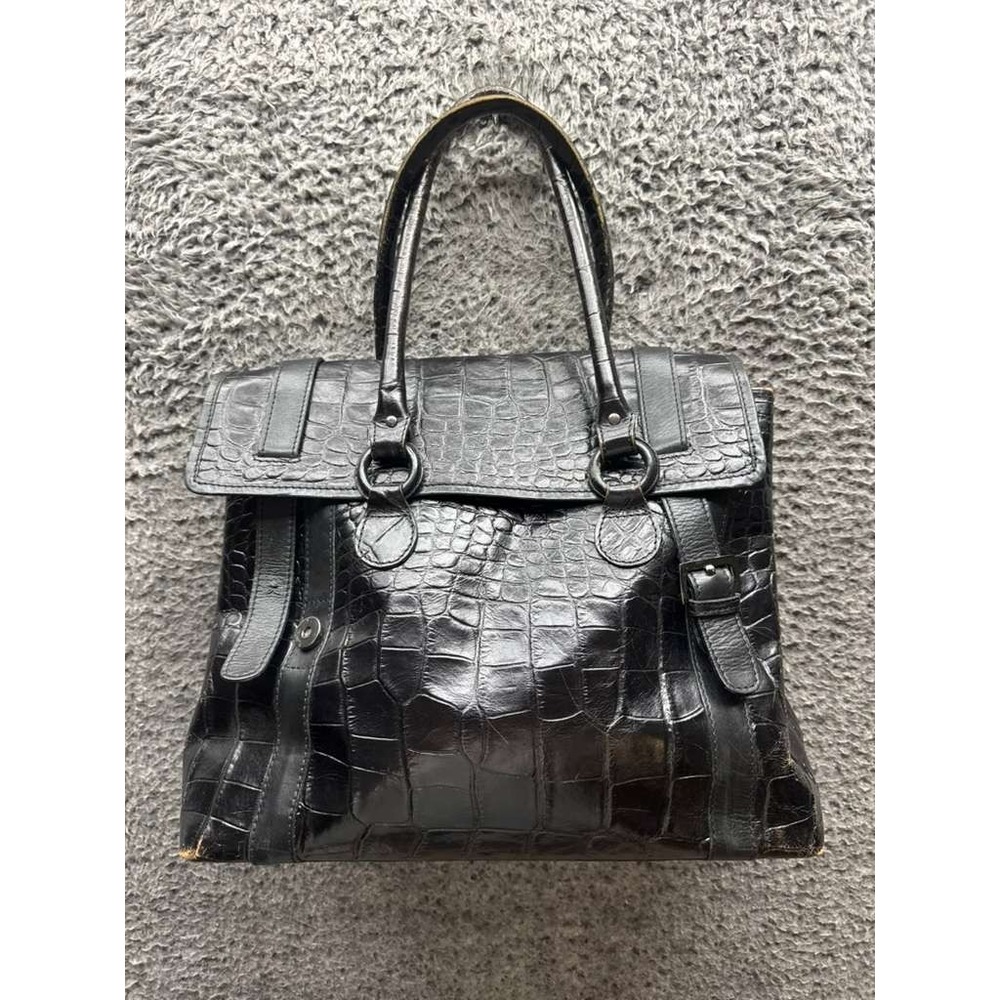 Reiss Women's Crocodile-Embossed Leather Buckle Handbag Black 13.5" x 12"